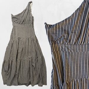 By Together One Shoulder Striped Tiered Maxi Dress | Linen | Cotton | L